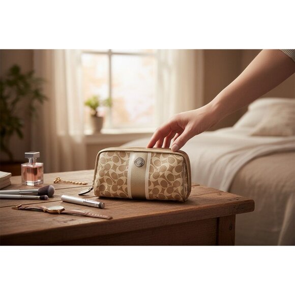 Coach Chelsea Heritage Beige Cosmetic Bag 6.5"-7" Wide 4" Tall Leather Monogram - Picture 2 of 12